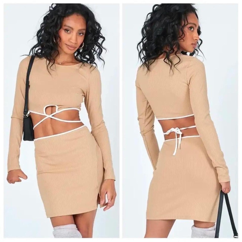 Princess Polly Womens Ribbed 2 Piece Set Tan Long Sleeve Mini Skirt Sz 8